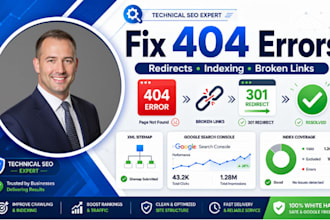 fix 404 errors, broken links, 301 redirects and indexing issues
