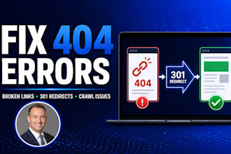fix 404 errors, broken links, 301 redirects and website crawl issues