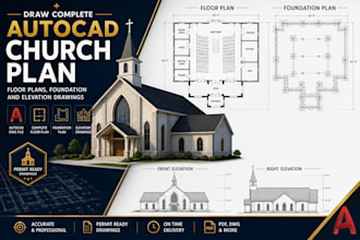 draw complete autocad church plan, floor plans, foundation and elevation drawing