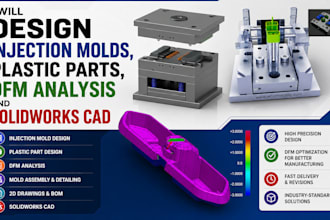 design injection molds, plastic parts, dfm analysis and solidworks cad
