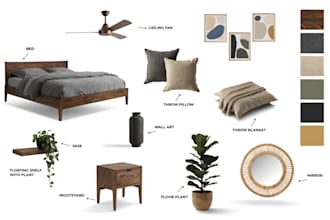 design a modern bedroom interior with layout, mood board and shopping list