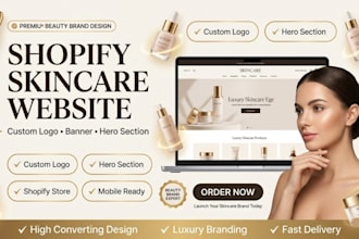 do shopify skincare website design, custom logo, banner, header and hero section
