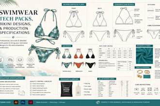 create swimwear tech packs, bikini designs, and production specifications