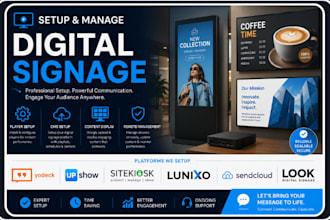 setup digital signage canva yodeck upshow sitekiosk lunixo sendcloud look