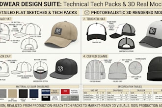 create 3d mockup for hat, truckercap, beanie, snapback, techpack, flat sketch