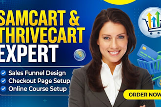 create samcart sales funnel, thrivecart checkout page and online course setup