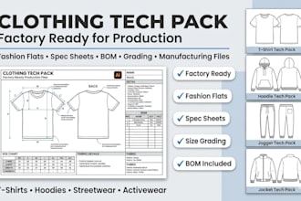 create clothing tech pack, fashion flats, spec sheet, cad flats and grading