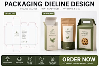 create print ready packaging dieline design for boxes, bags and retail products