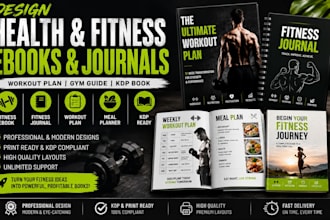 design health fitness ebook, fitness journal, gym guide book, workout plan, KDP