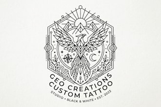 do black and white geometric custom tattoo, monoline logo