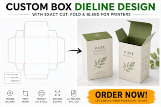 do custom box dieline design with exact cut, fold and bleed for printers