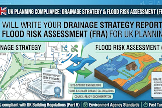 write a drainage strategy report and flood risk assessment fra for UK planning
