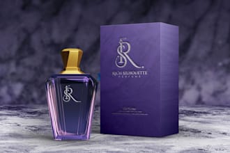 design luxury perfume logo, cosmetic, label, bag, brand box