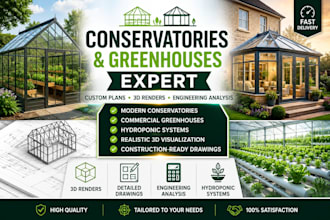 design greenhouse, conservatory, garden sheds, garden house, hut and rendering
