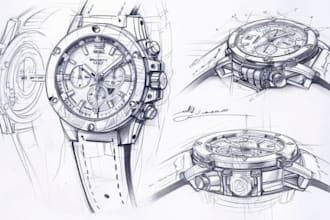 design watch technical drawing, custom 3d watch model and wristwatch animation
