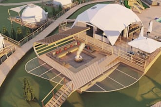 do 3d geodesic glamping dome design, 3d glamping resort, 3d glamping site design