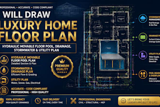 draw luxury home floor plan, hydraulic movable floor pool, drainage utility plan