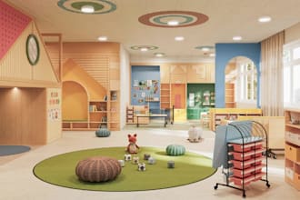 render 3d kindergarten interior, children playroom layout, gaming arena planning