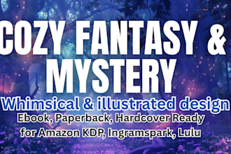 design a whimsical cozy fantasy or mystery book cover