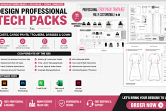design professional tech packs for jackets cargo pants trousers dresses and gown