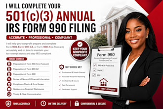 complete your 501c3 annual irs form 990, 1023, 1023ez, non profit registration