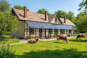 draw and develop site plan for modern farm complex, livestock building rendering