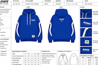 create activewear tech pack, sportswear resort wear clothing tech pack design