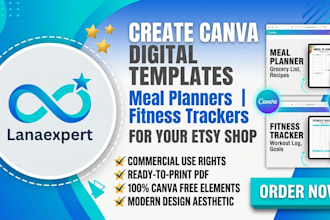 create canva digital template, meal planner templates, fitness tracker etsy shop