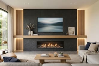 do realistic living room media wall, fire place, floating shelf 3d rendering