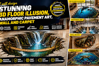 design stunning 3d floor illusion, anamorphic pavement art, wall and carpet