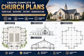 create complete 2d church floor plans, elevations, sections and foundation plans