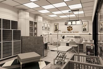 design a luxury 3d pet grooming salon interior with realistic rendering
