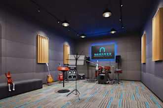 design 3d recording studio, music room, podcast studio, rehearsal spaces