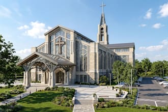 design 3d church elevation, interior and exterior, worship center, pulpit render