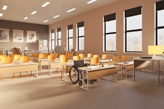 do 3d school design, 3d classroom, locker room, library, 3d lecture room design