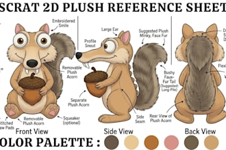 design 2d plush character reference sheet stuffed animal tech pack soft toy ych