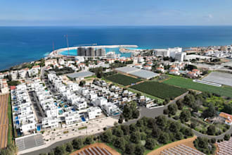 aerial view coastal community,3d masterplan, beach villa render, duplex exterior