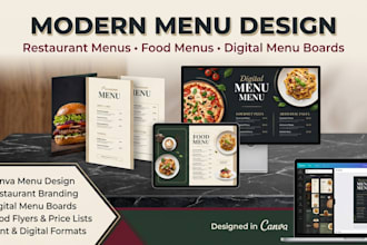design modern restaurant menu, food menu, digital menu board in canva