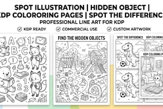 draw spot illustration hidden object KDP coloring page spot difference line art