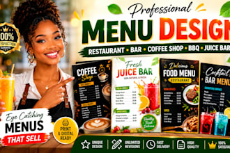design restaurant, bar, coffee shop, BBQ and juice bar menu design