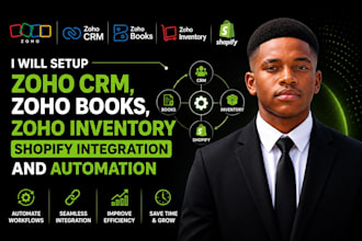 setup zoho CRM, zoho books, zoho inventory shopify integration and automation