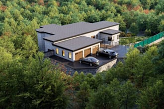 build 3d modern forest house,stone facade, elevated deck, retaining wall,cgi art