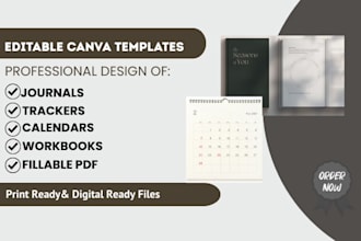 design editable canva booklet, journal tracker calendar workbook fillable PDF