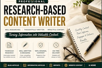 write research based articles and social media captions