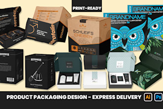 design product packaging, box dieline, mailer box and product labels