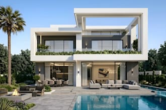 cgi render for beach villa,3d duplex house exterior, outdoor lounge layout,patio