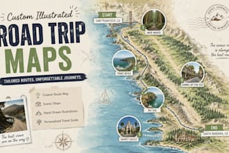 design road trip route map, scenic journey map, custom travel guide illustration