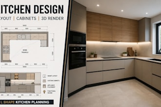 do kitchen design, cabinent design with layout and 3d rendering,