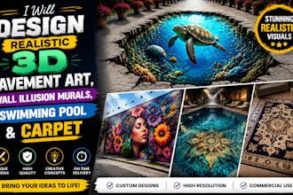 design realistic 3d pavement art, wall illusion murals swimming pool and carpet