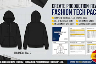 create production ready streetwear hoodie tech pack with flat sketches